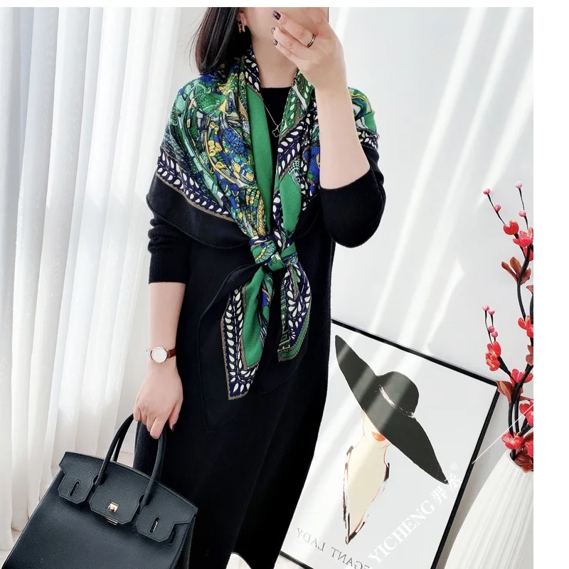 Green Prints Wool Scarf Shawl for Female Winter Warm Wraps Cape 130*130cm