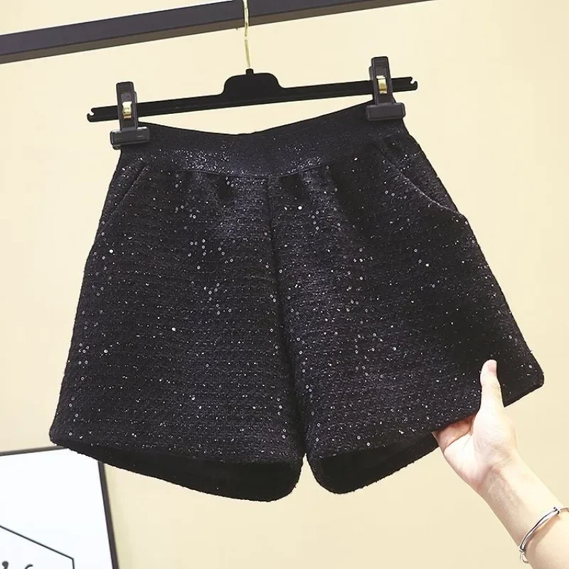 

Korean Fashion Spring New Women's Elastic Pockets Sequined Simplicity Versatile High Waist Loose A-line Wide Leg Shorts B75