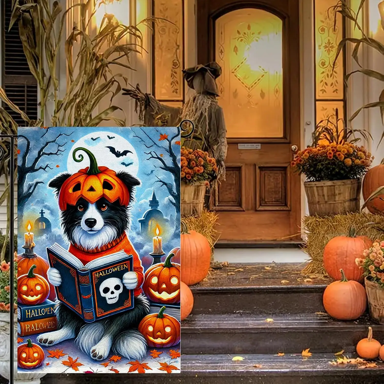 BlissYard Happy Halloween Garden Flag Dog Pumpkin Hat Reading Book Bats Moon Spooky Festive Outdoor Flag Yard Decor 12x18 In jjp