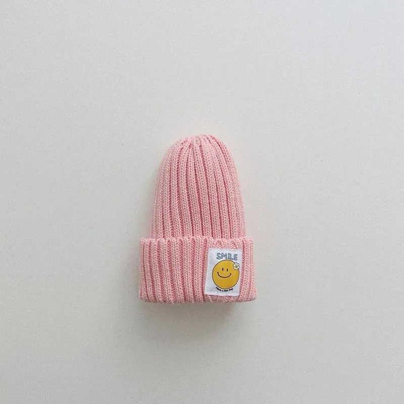 Candy Color Knitted Hats Girls Smiling Face Patch Stretch Woolen Hat Spring& Autumn Cotton Boys Baby New Boutique Cute Hats