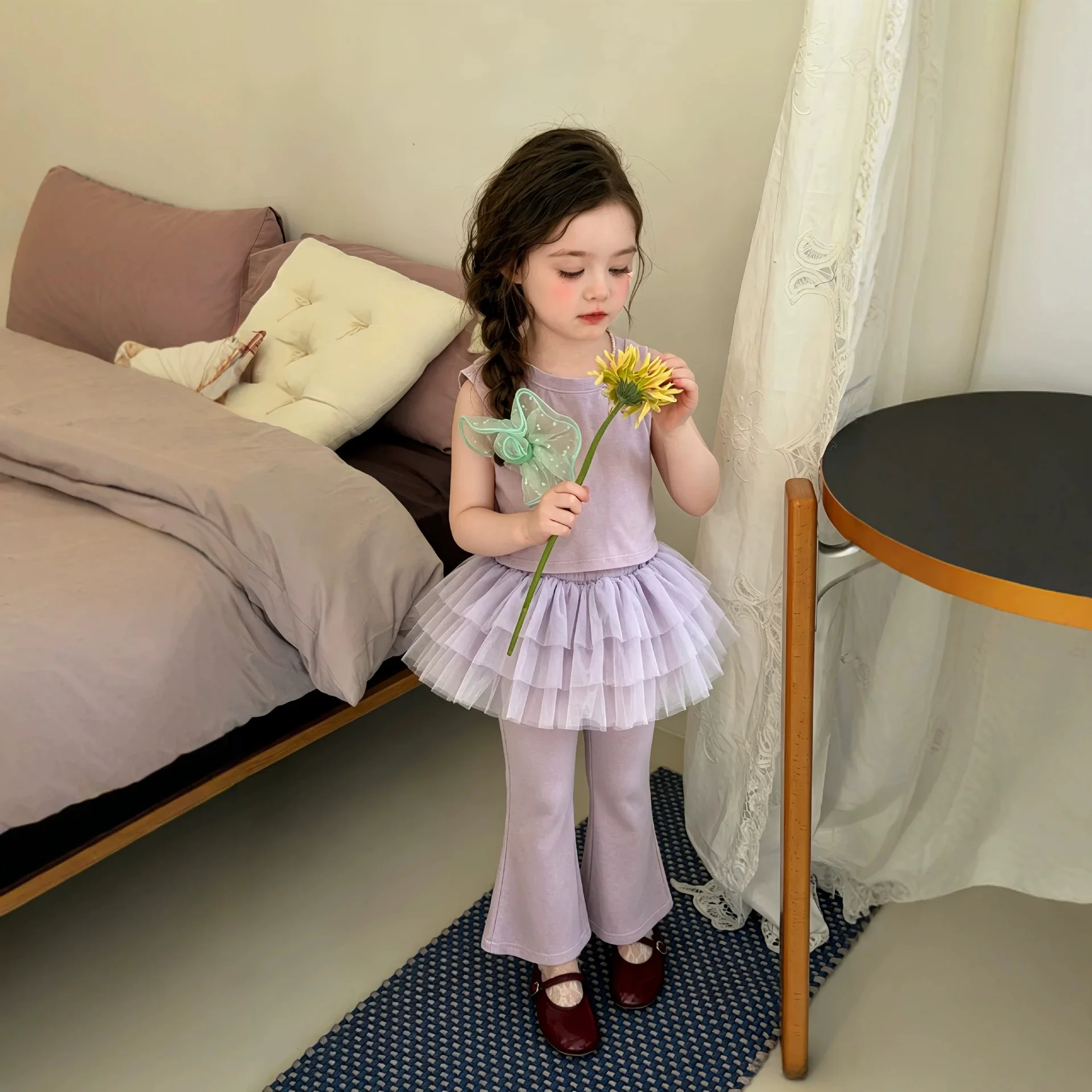 Girl Purple Set Summer 2026 New Children Korean Fashionable Vest Mesh Flare Pants Two-piece Set Trendy