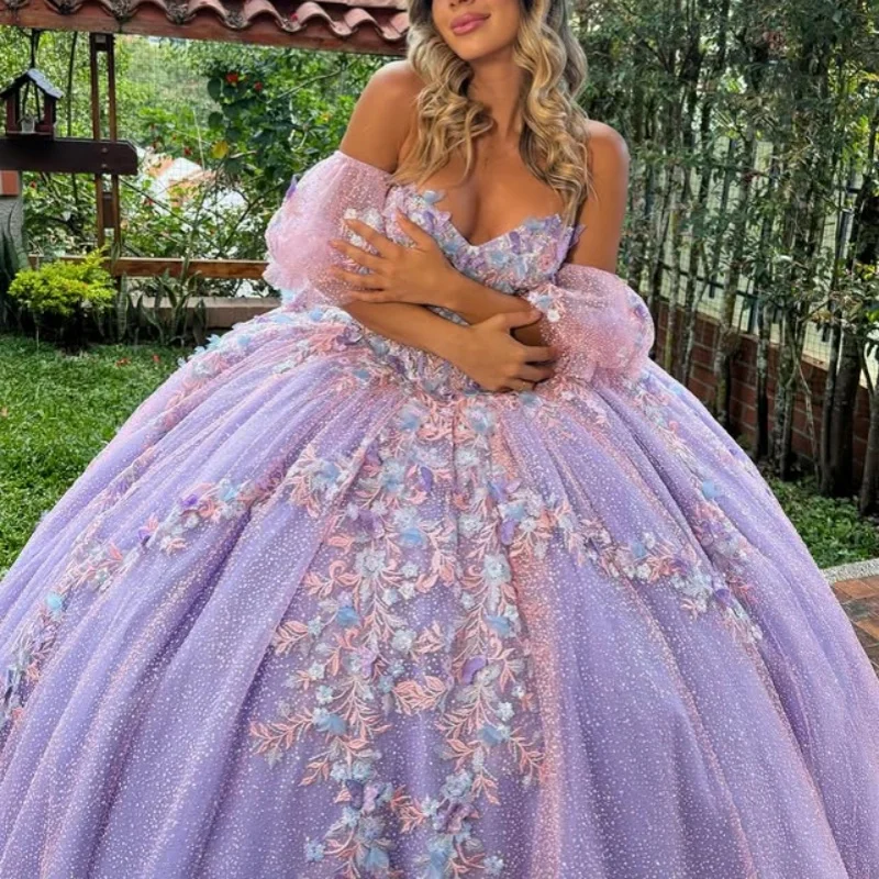 

lavender purple Quinceanera Dress off-shoulder Lace glitter decal 3D flower Long tail vestidos de 15 Quinceanera ﻿Customized