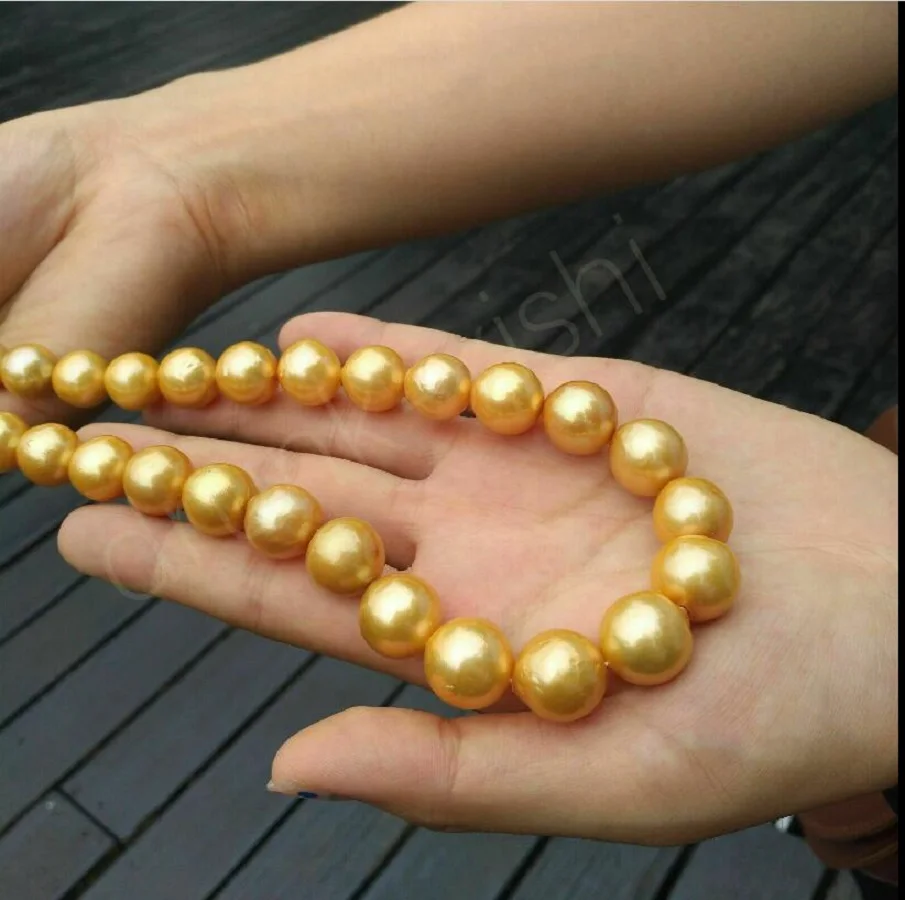 AAA Lustrous 10-11mm Round South Sea Golden Pearl Necklace 17.5