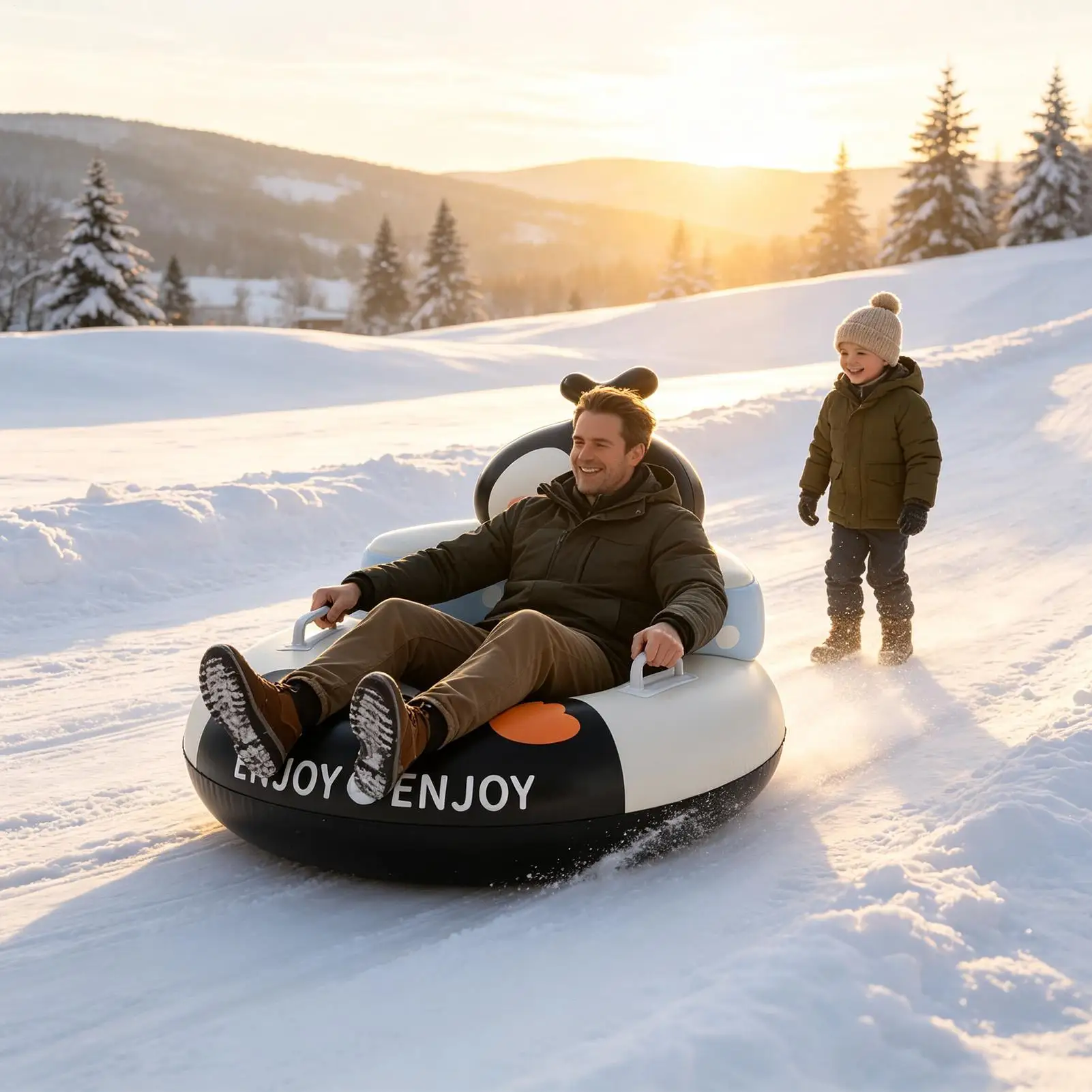 Snow Tubes Inflatable Thickened PVC Penguin Backrest Design Sled With Handles Heavy Duty Snow Tube For Boys Girls Outdoor