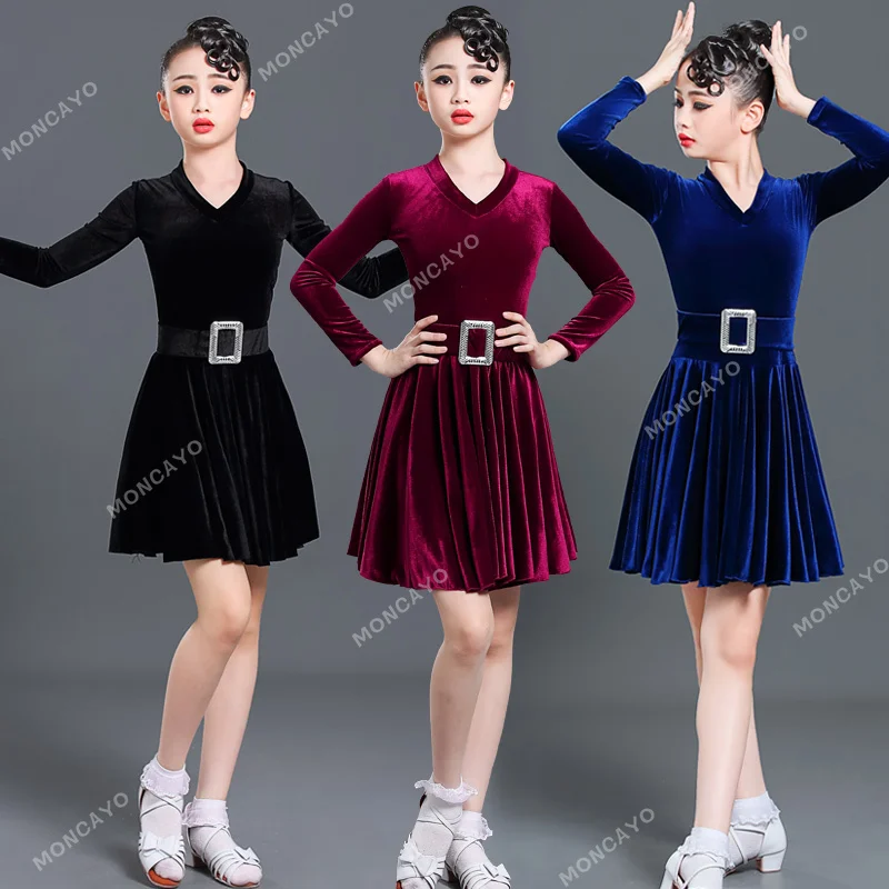 

Kids Performance Latin Dance Costume Girls Latin Dance Professional Dress Long Sleeved Velvet Ballroom Tango Cha Cha Dance Dress