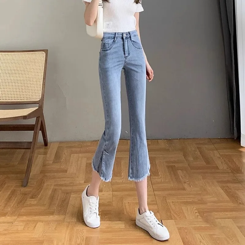 

Slimming High Waist Thin Denim Jeans Women's Summer Seven-Five Bell Bottoms Small Size Frayed Eight-Piece Pants