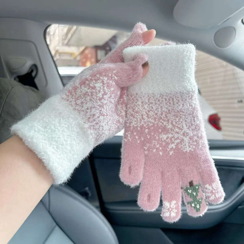Cute Women's Christmas Fingerless Gloves Winter Festival Touchscreen Thickened Warm Knitted Plush Cold-proof Windproof Cycling