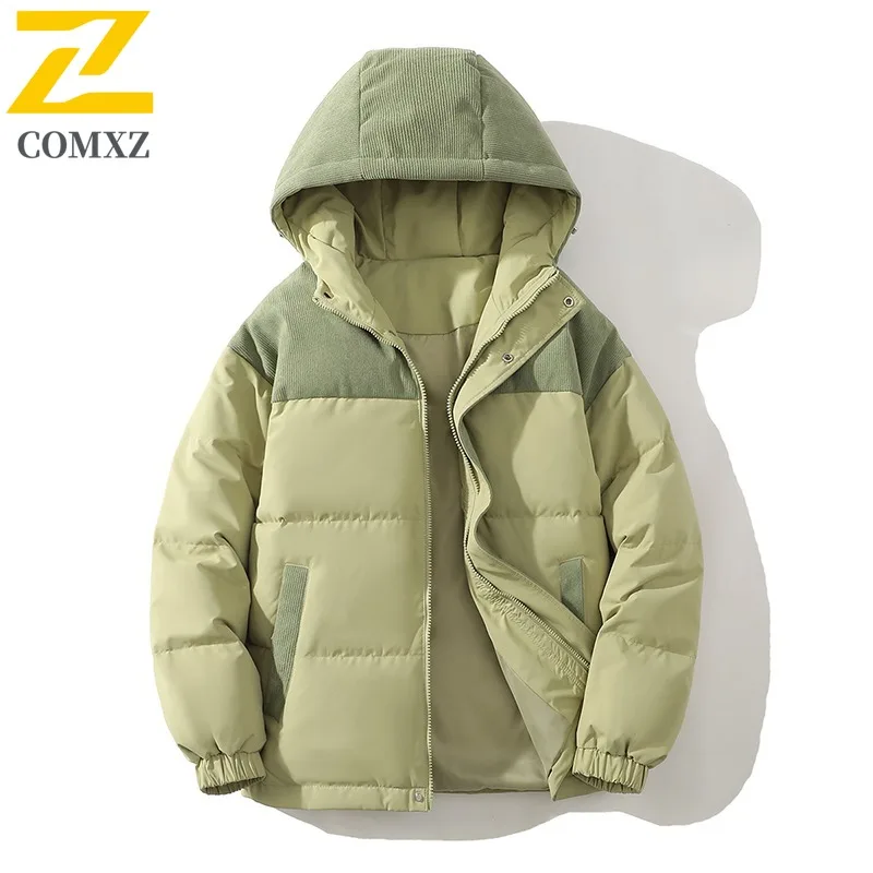 COMXZ Corduroy Patchwork Down Jacket Unisex Hooded Short Puffer Coat Thickened Cold Proof Thermal waterproof Duck Down Coat 2025