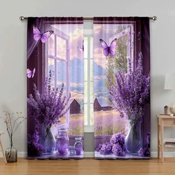 2pc,  Curtain country style with lavender and purple themes_ butterflies and barns 100% Polyester,Without Electricity Family