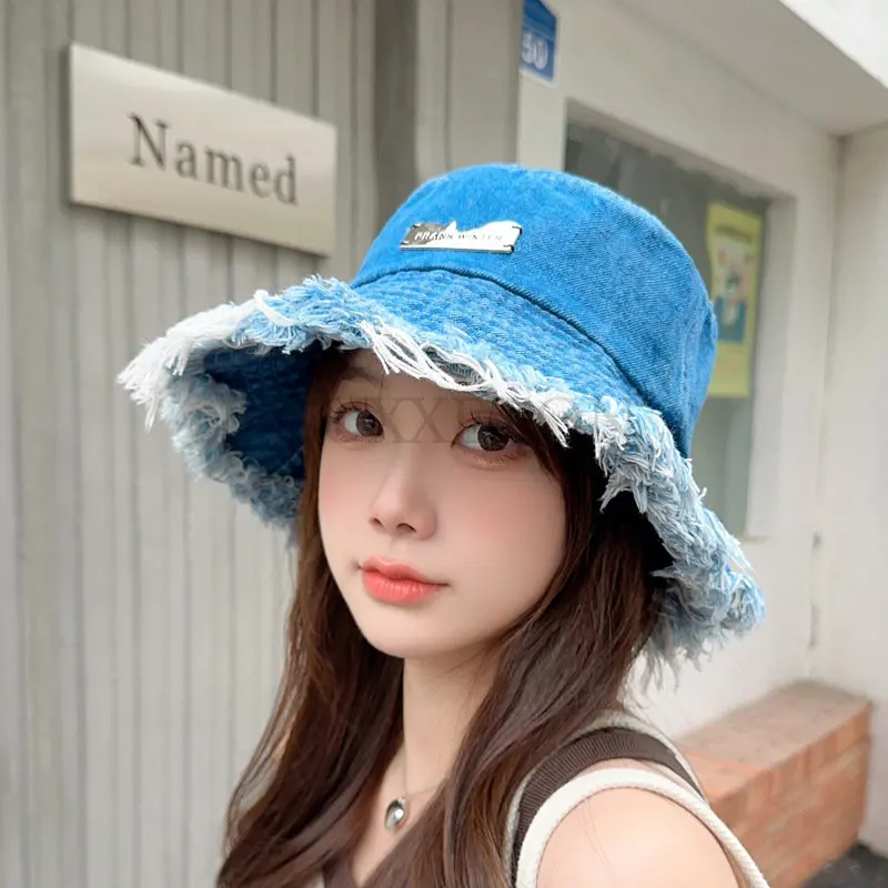 Fashion Rough Edge Ripped Denim Fisherman Hats Summer Women\'s Washed Old Bucket Hat Outdoor Ladies Big Eaves Sunshade Cap