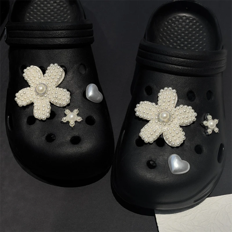 DIY Fashion Shoe Charms Set Black & White Flower Pearl Heart Decorations Detachable Buckle Accessories for Shoes