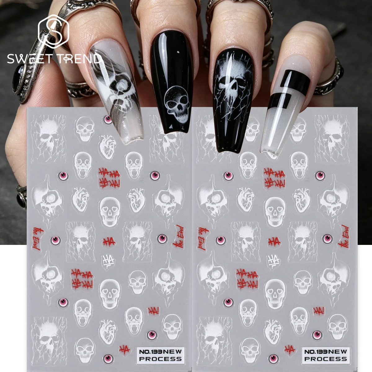 1/2pcs Gothic White Skull Matte Nail Stickers Smoky Spooky Eyeball Design Fear Element Halloween Party Y2K Foils Manicure Decor