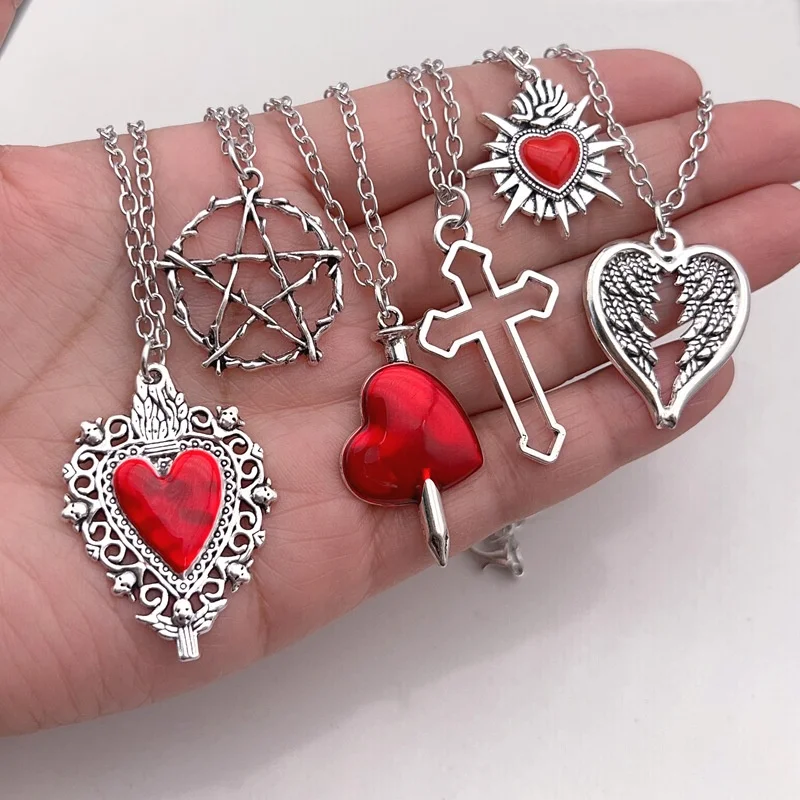 6-piece Gothic Red Heart Pendant Necklace Set Thorn Pentagram Dagger Heart Hollow Cross Wing Heart Silver Necklace Jewelry