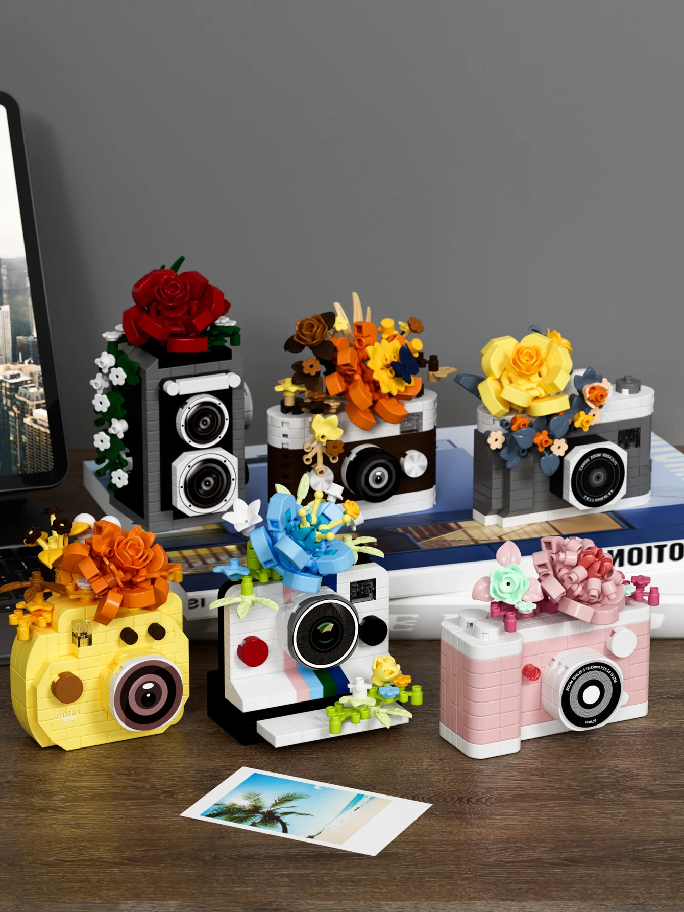 كاميرا عتيقة وزهور لبنات البناء ألعاب ذاتية الصنع مجموعة الطوب الجسيمات الصغيرة ألعاب ألغاز لهدايا الأصدقاء هدايا عيد الميلاد