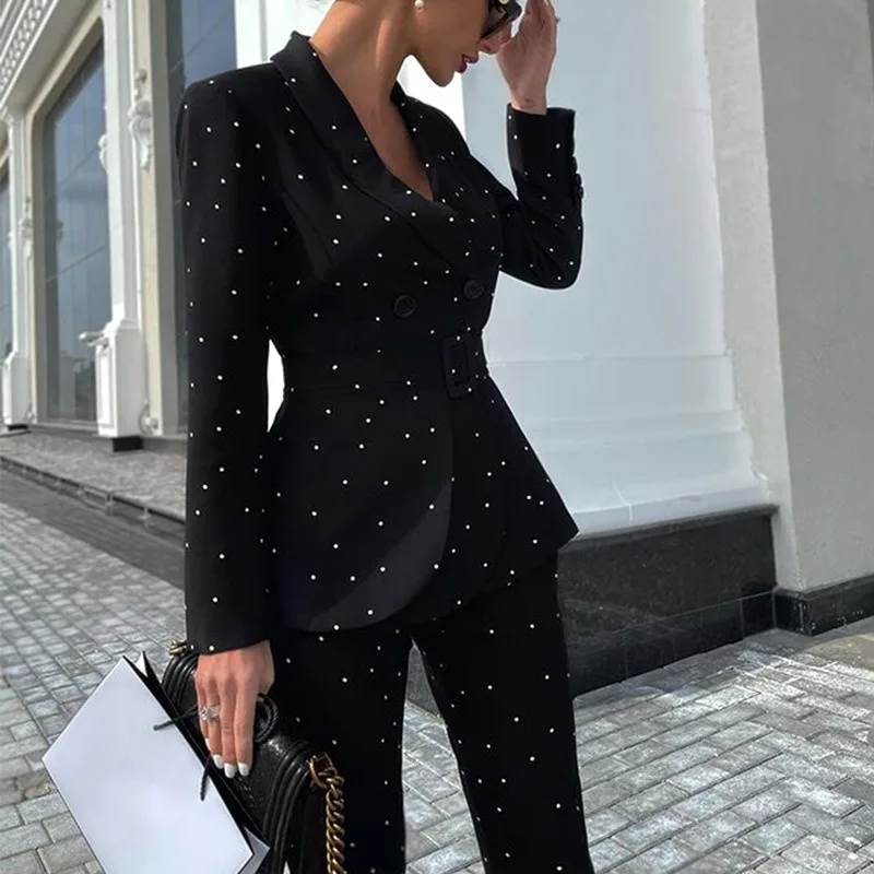 

Female Elegant Party Blazer Sets Women's Fashion Polka Dot Long Sleeved Suit Coat & Pants Set Autumn/Winter Temperament Clothes