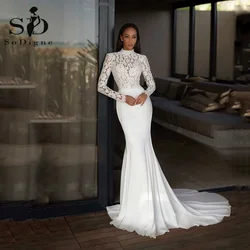 SoDigne Modern Satin Mermaid Bridal Dress Muslim Civil Wedding Gowns Long Sleeves High Neck Lace Women Wedding Dress For Brides