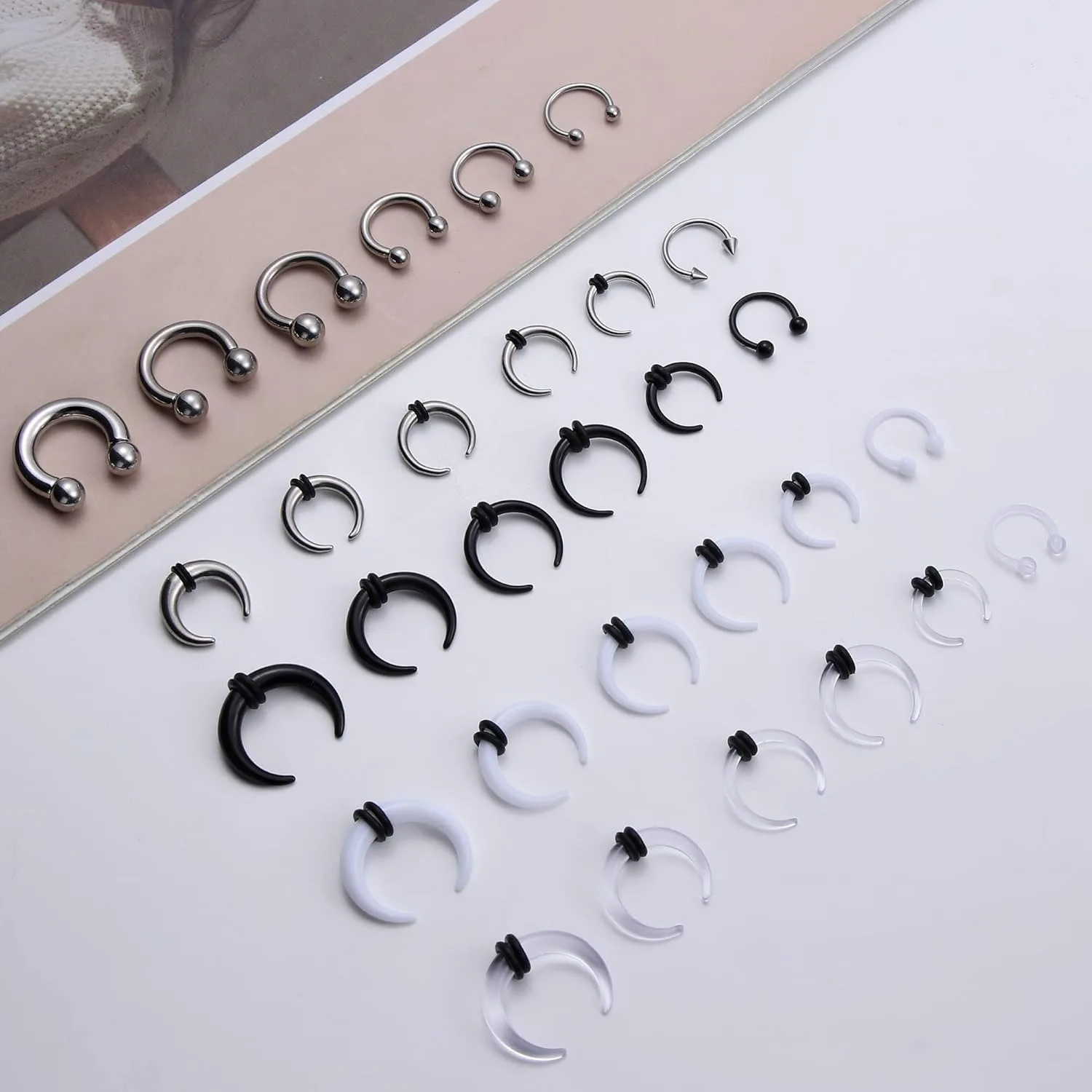 Bobisty 16G-6G Septum Pincher Tapers Rings Acrylic Stainless Steel Spike Horseshoe Nose Ear Cartilage Stretch Kit for Women Men