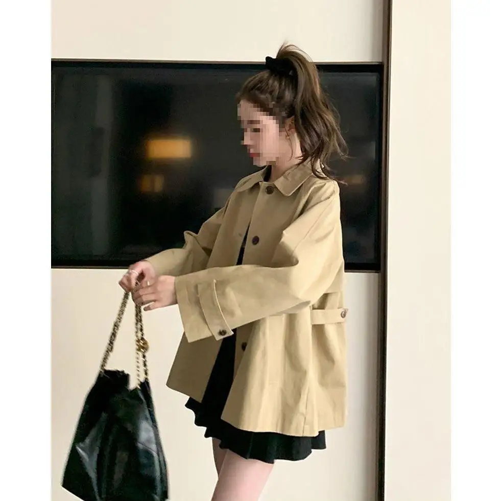 

Spring 2026 Women's Short Khaki Windbreaker Jacket Loose Korean Design Sensation Elegance Top Quality Polyester Fabric