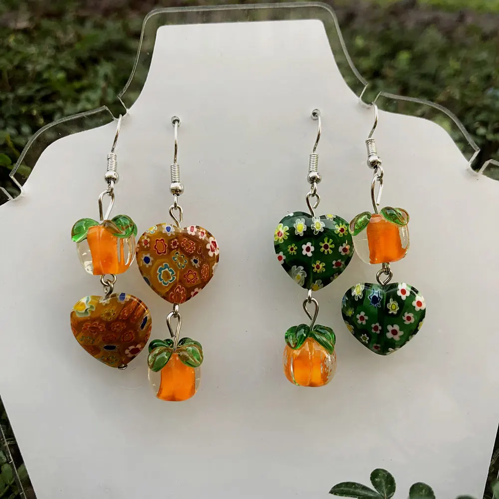 1 pair of retro persimmon Ruyi heart-shaped mixed color thousand flower glass Murano women's pendant earrings