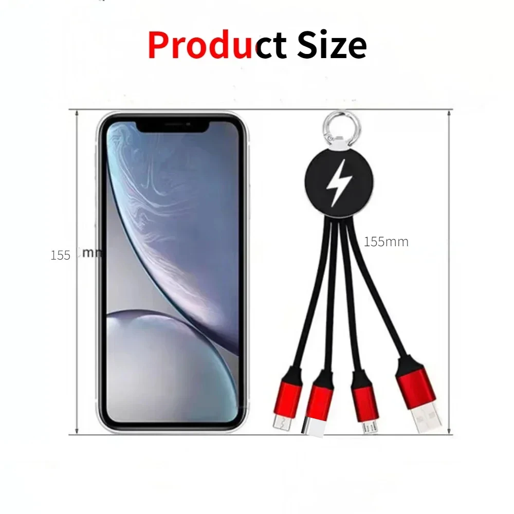 3 in 1 Short LED Keychain USB Charge Cable Micro USB Type C Lighting Cable For iPhone Samsung Huawei Xiaomi Android Phone Cable