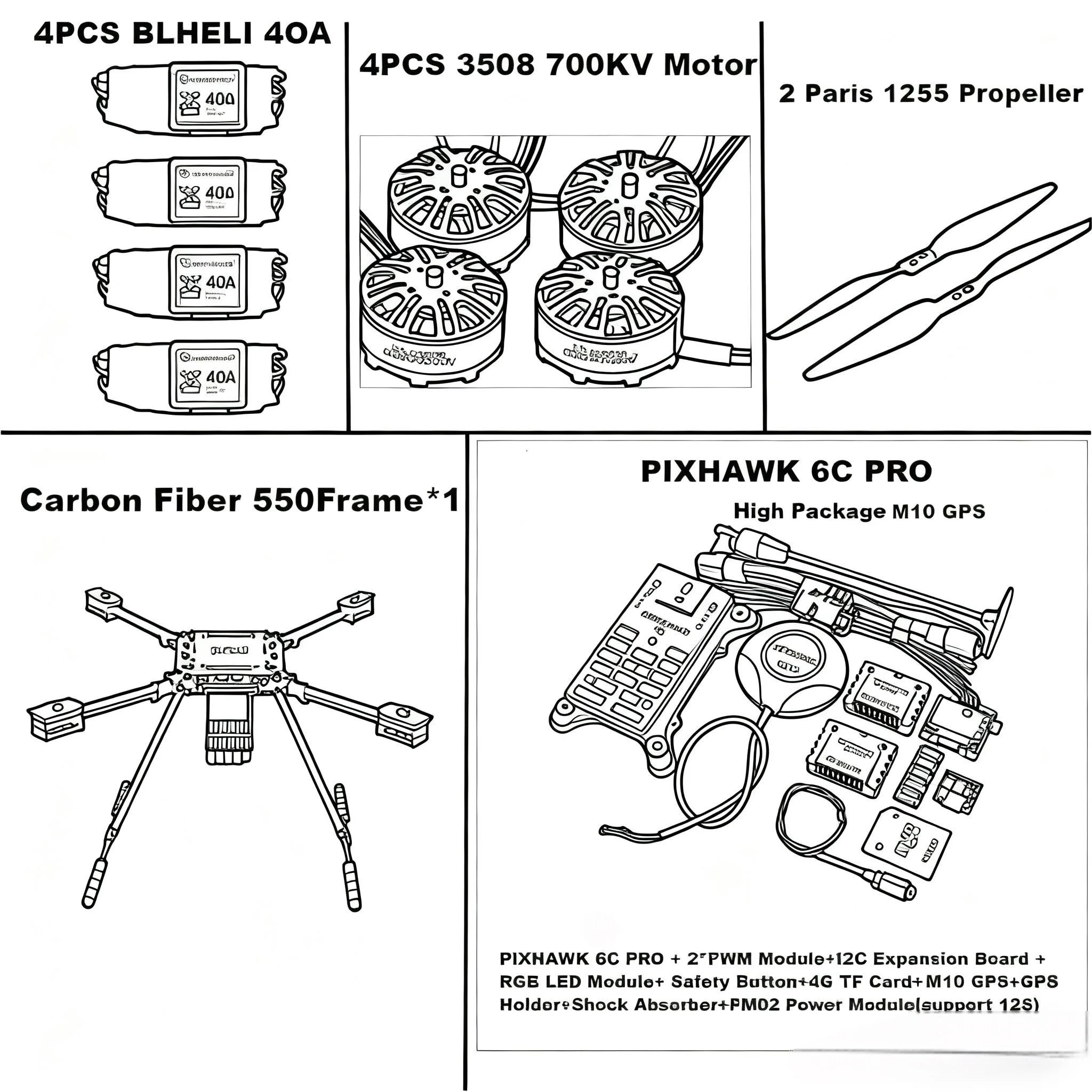 

FPV Carbon550 Hexa Frame PIXHAWK 6C PRO M8N M9N M10 Контроллер Ardupilot Радио Телеметрия Квадрокоптер 40A ESC 3508 700KV Мотор