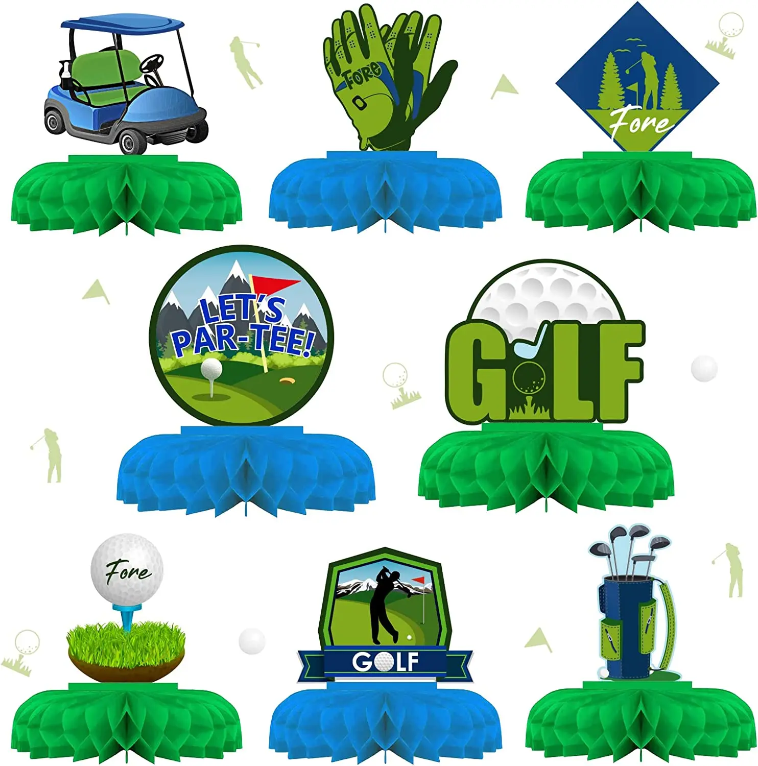 JOYMEMO 8 Pieces Golf Theme Honeycomb Centerpieces Golfing Par-tee Time 3D Table Decorations Sports Golf Birthday Party Supplies