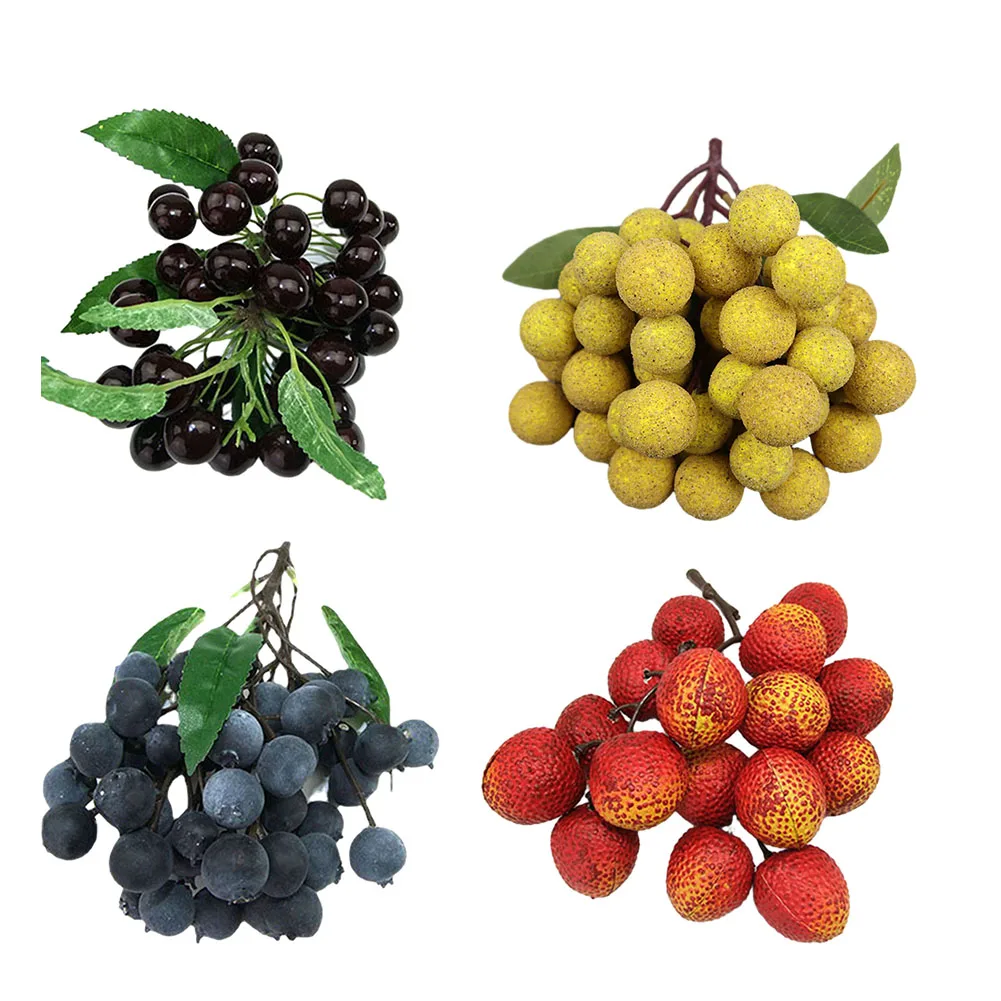 1pcs Artificial Fake Fruit Longan Lychee Blueberry Cherries Fruit Model Shopwindow Ornament Photo-Props Flower Arrangement Decor