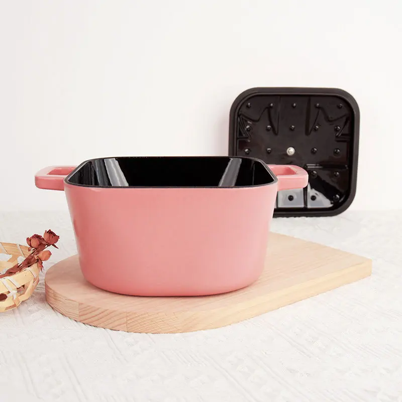 14cm Cute Pink Square Dutch Oven Enameled Cast Iron Pot With Lid Saucepan Casserole Kitchen Accessories Cooking Tools