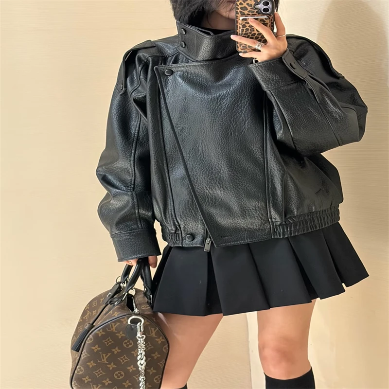 Giacca in ecopelle autunno/inverno con texture Litchi 2025 Nuova moda elegante stile popolare per le donne