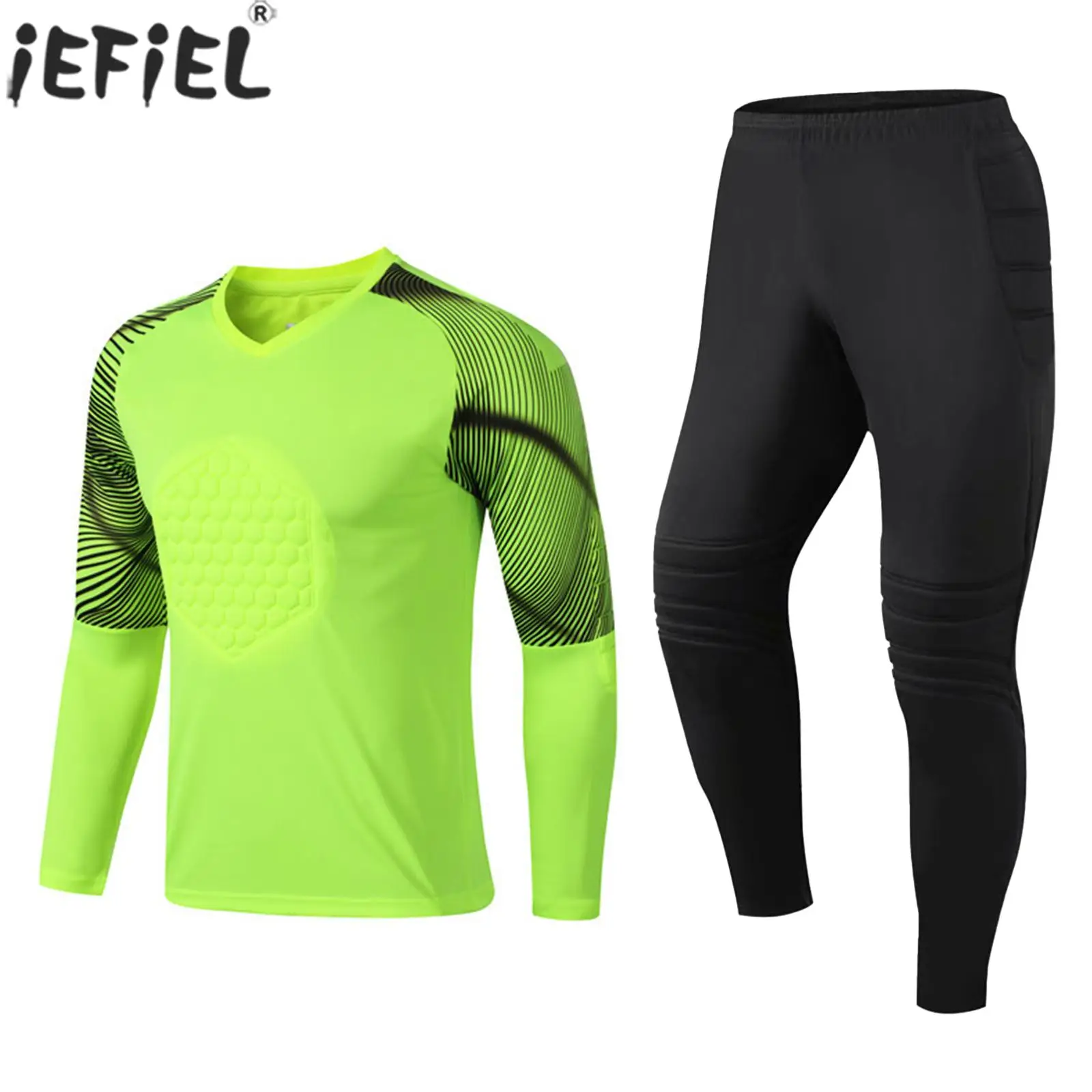 

Child Boys Soccer Goalkeeper Outfits Protective Padded Sportswear Football Training Match Uniform Long Sleeve T-shirt with Pants