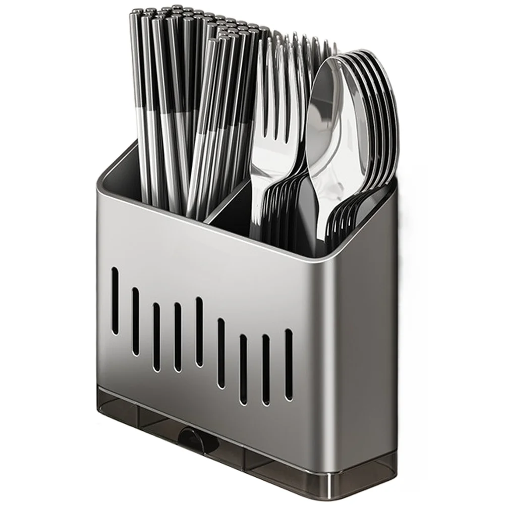 Stainless Steel Wall Mount Chopstick Rack with Air Flow Design and Detachable Base Tray for Hygienic Storage 18x5x16cm