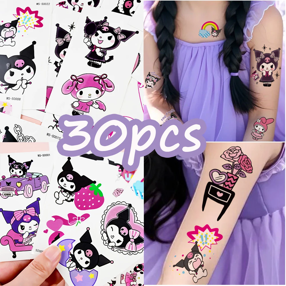 Sanrio 30pcs Waterproof Tattoo Arm Sticker Kawaii Kuromi Hello Kitty Cartoon Kids Reward Stickers Disposable Tattoos Decal Gifts