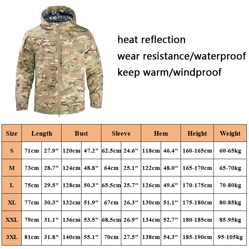 Heat Reflective Jackets Men Winter Thermal Tactical Jackets Hood Coats Wear-resisting Windbreaker  Camo Jacket Hiking Clothing