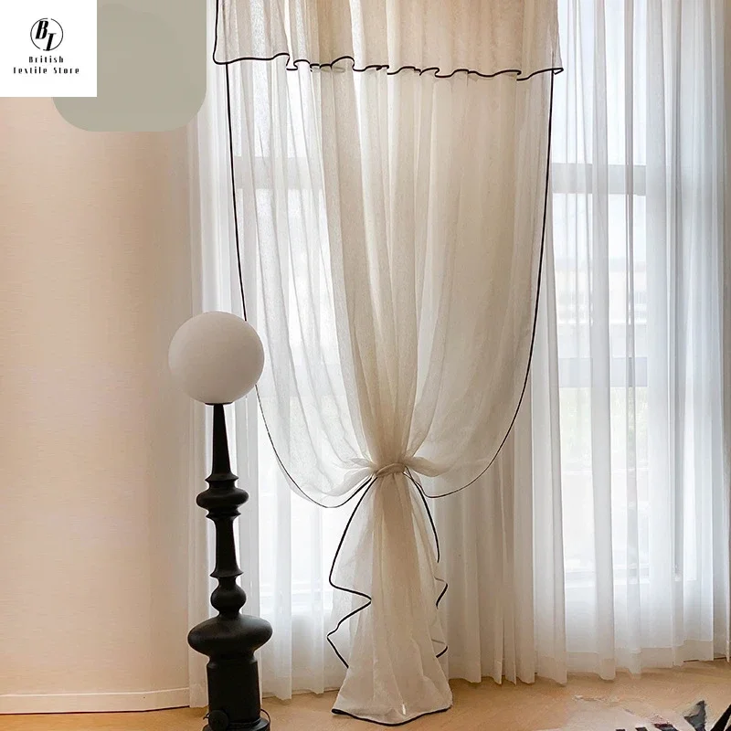 Retro Cream Linen White Tulle Sheer Curtains for Living Room Luxury Bedroom Dining Balcony Black Edge Blackout Gauze Window Door