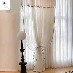 Retro Cream Linen White Tulle Sheer Curtains for Living Room Luxury Bedroom Dining Balcony Black Edge Blackout Gauze Window Door