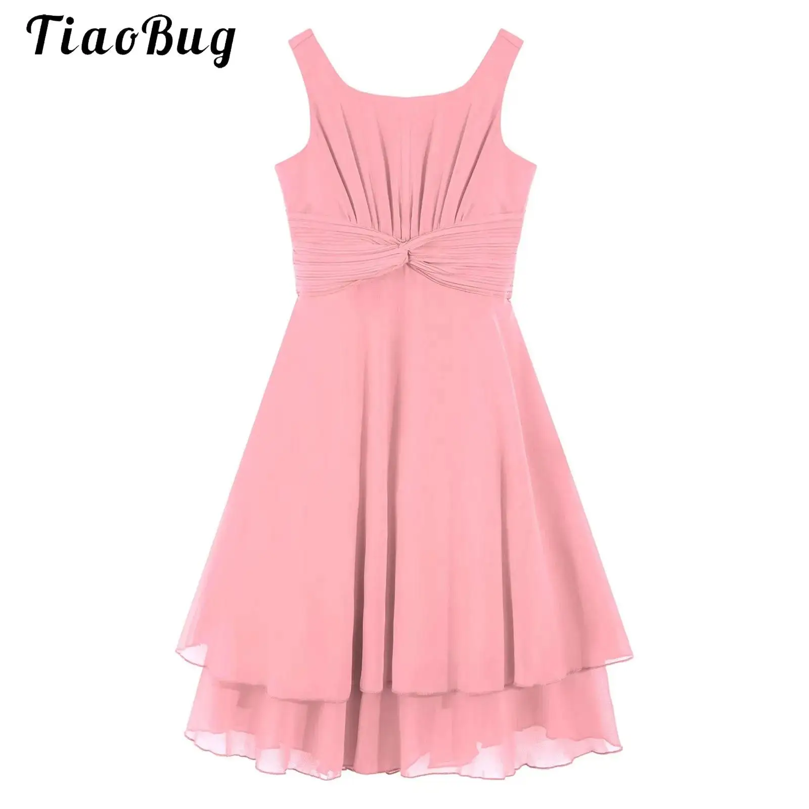 Kids Flower Girls Dress Teens Wedding Bridesmaid Sleeveless Ruched Bodice Ruffle Chiffon Dress Formal Party Summer Dress Gown
