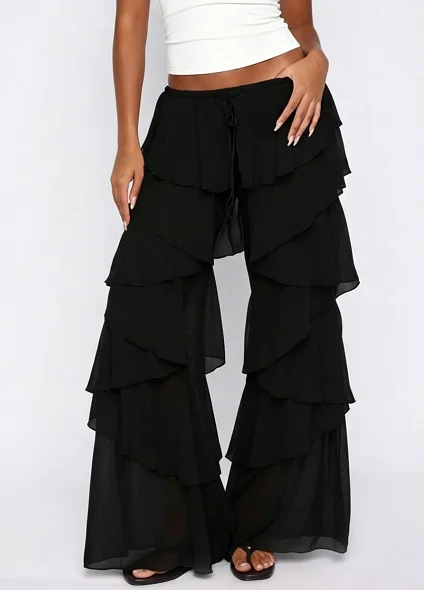 Leg Pants Casual Women Ruffled For Leg Pants Ruffled Wide Leg Solid Drawstring Low Drawstring Low Rise For Daily Office