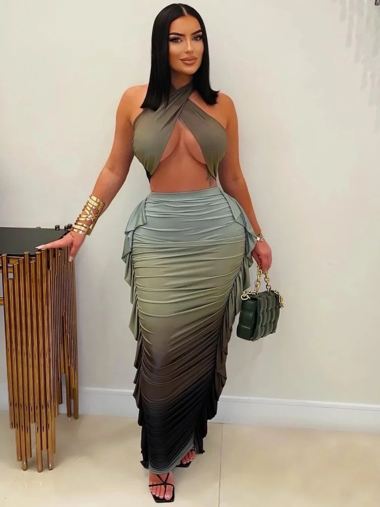 Wmstar Set Women Whoiesale Fashion Gradient Print Crop Top Pleated Two Piece Set Summer Outfit Fancy Club Vacation Designer 2025