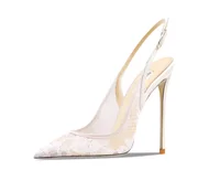 Black lace high-heeled sandals with pointed toes, thin heels, and shallow mouth, comfortable to wear with just one foot - Image 5