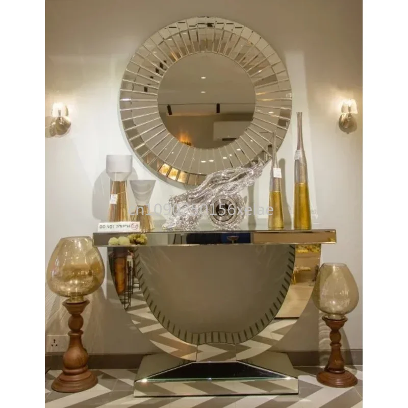 Luxury Mirrored Console Table, Crescent Shaped Foyer, Family Round Wall Mirror