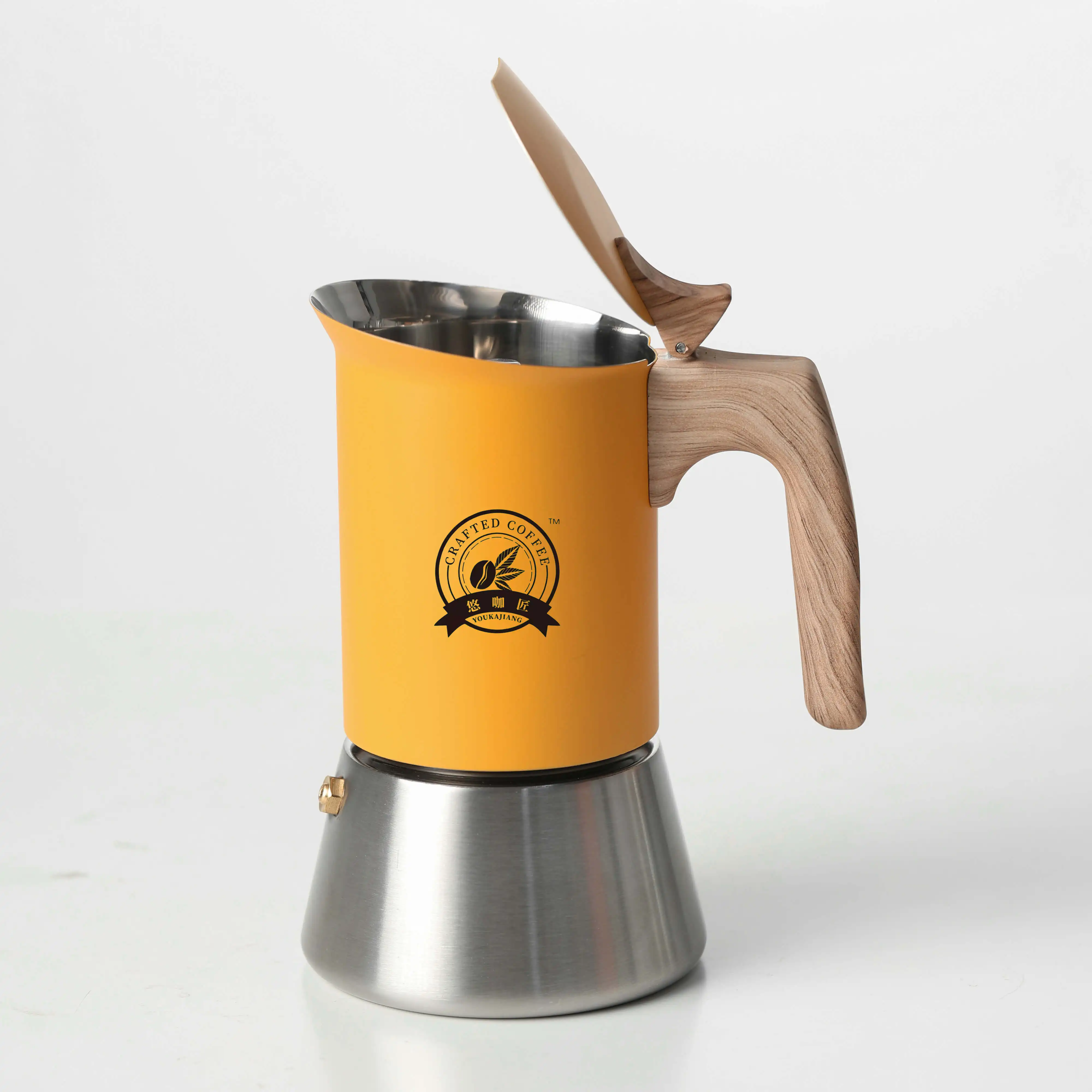 4/6  Stainless Steel Moka Pot, Matte Yellow, Nordic Style. Home/Office/Outdoor Use. Works on Induction & Gas