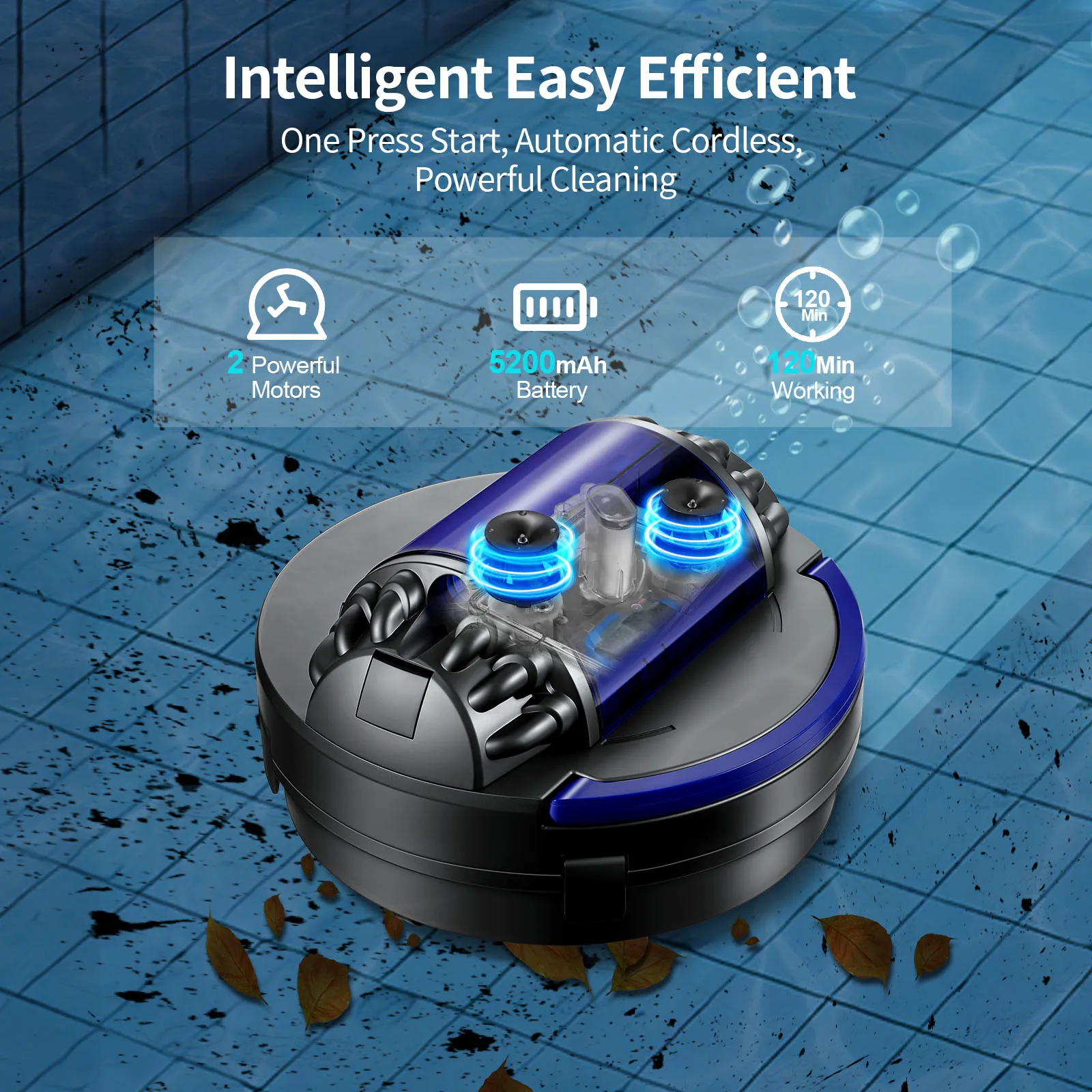 Moolan Robot Cordless Vacuum Cleaner 5200mAh Battery Rechargeable Automatic Robotic Swimming Pool Cleaners Wireless Self-Parking