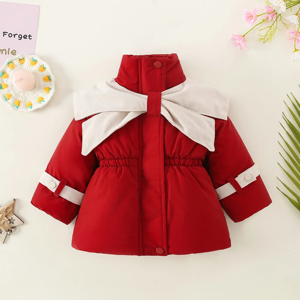 Winter Solid Color Hooded Cotton Jacket For Baby Girls, Casual And Warm Winter Children\'S Clothing