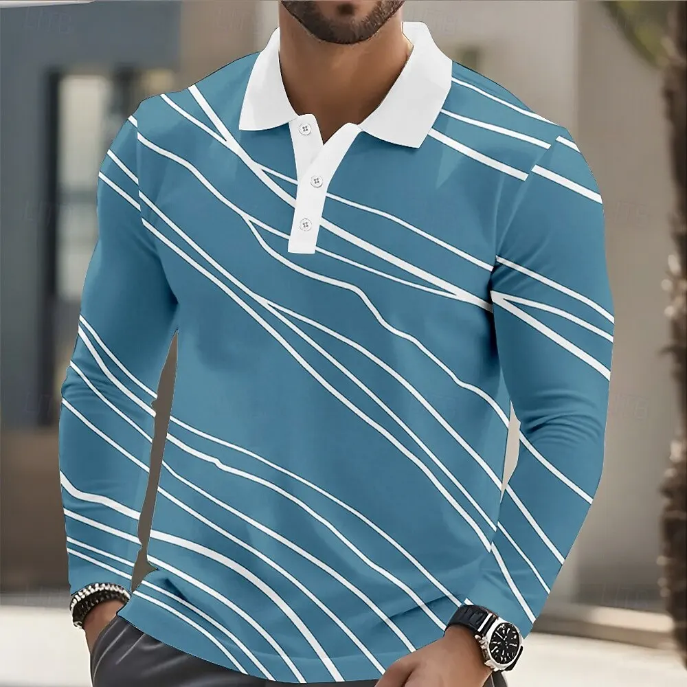 

3D Print Wave Stripe Polo Shirt For Men Simple Design Long Sleeve Lapel Button Top Fashion Breathable Autumn Male Casual Clothes