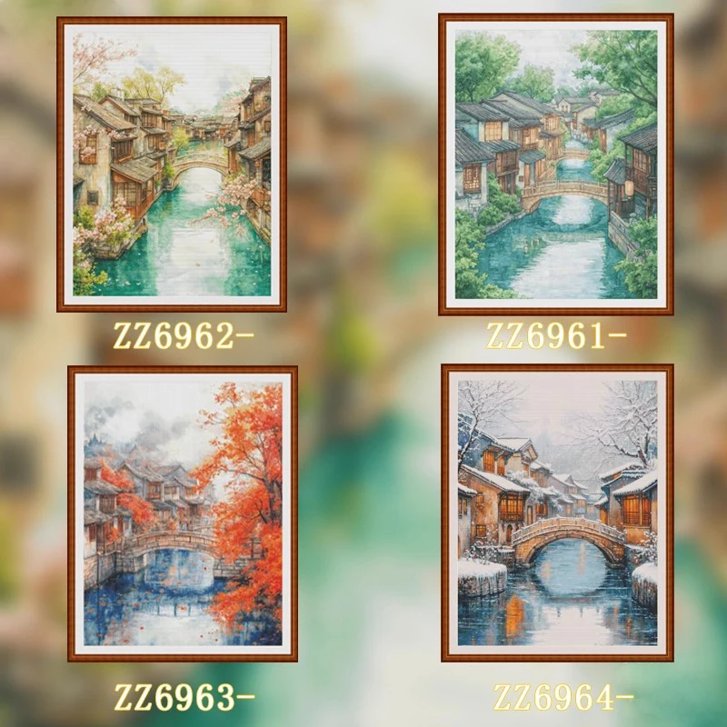 

ZZ6962 Four Seasons Water Town 14CT 16CT 18CT Printed On Canvas Cross Stitch DIY Set Needlework Embroidery