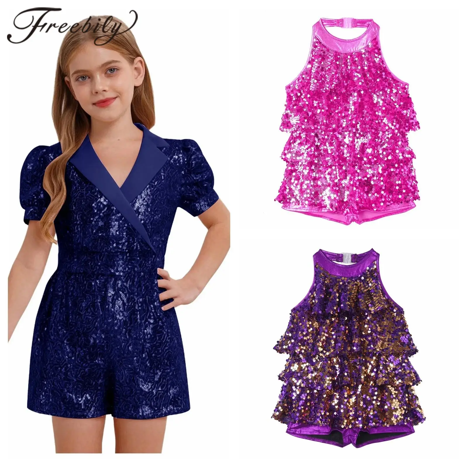 

Kids Girls Halter Shiny Sequins Shorty Unitard Ballet Modern Jazz Latin Dance Costume Dress Stage Performance Clothing Dancewear
