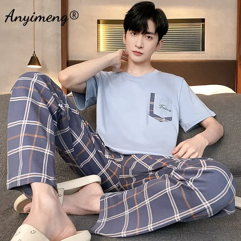 New Summer Knitted Cotton Pajamas Set for Men Fashion Man Short Sleeve Plaid Pants Sleepwear Plus Size 4XL Pijamas for Boy