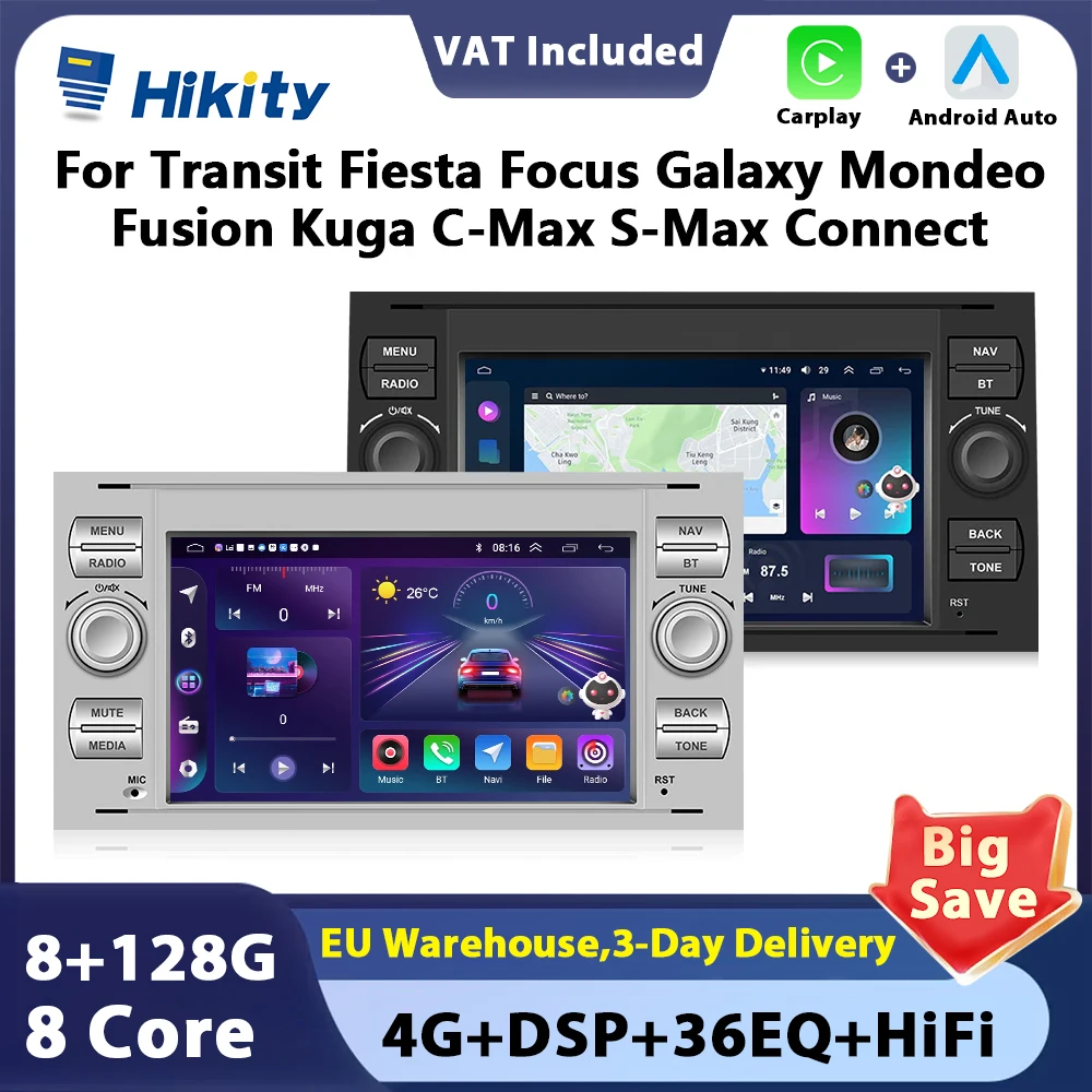 Hikity 2 din Android Car Radio for Ford Focus Mondeo Fiesta Transit Kuga C-Max S-Max Galaxy Transit Carplay Auto Android GPS