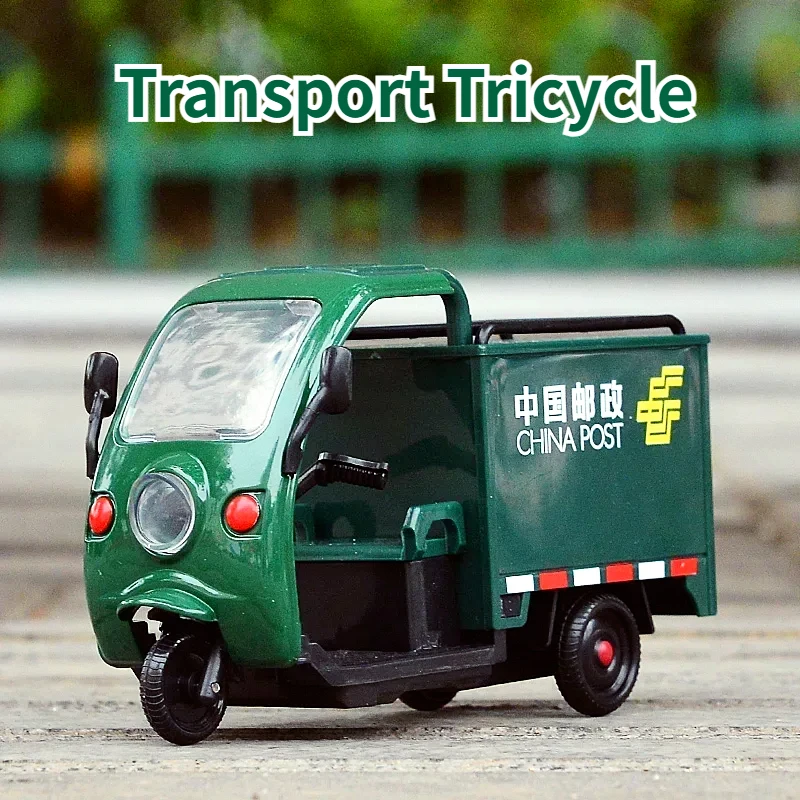 

1:32 Express Transport Tricycle Alloy Car Model Diecast Metal Simulation Toy Post Tricycle Truck Car Model Sound Light Kids Gift