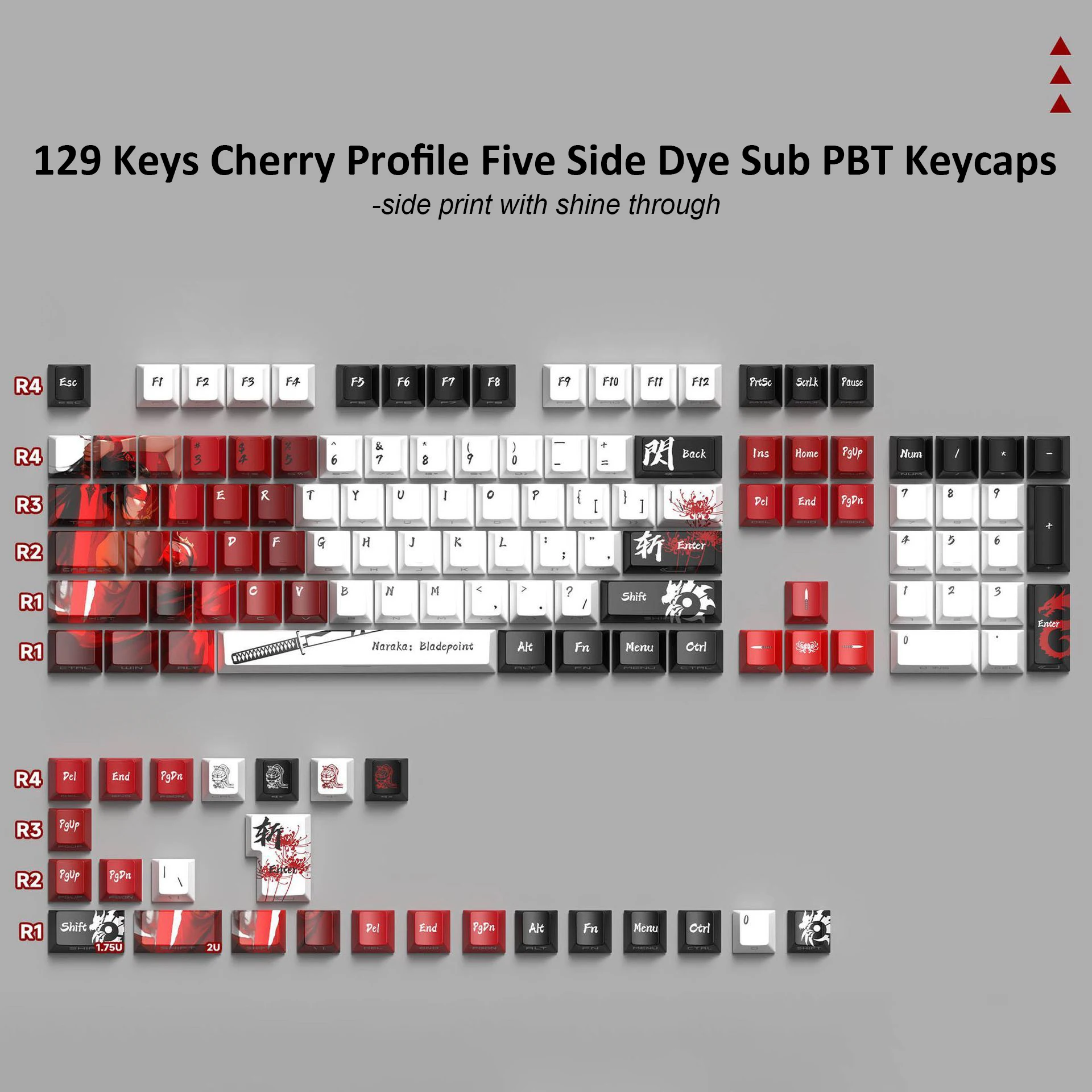 

129 клавиш Red Blood Night Dye Sub PBT Колпачки для клавиш с боковой печатью RGB-подсветкой Cherry Profile для переключателей MX Механическая клавиатура